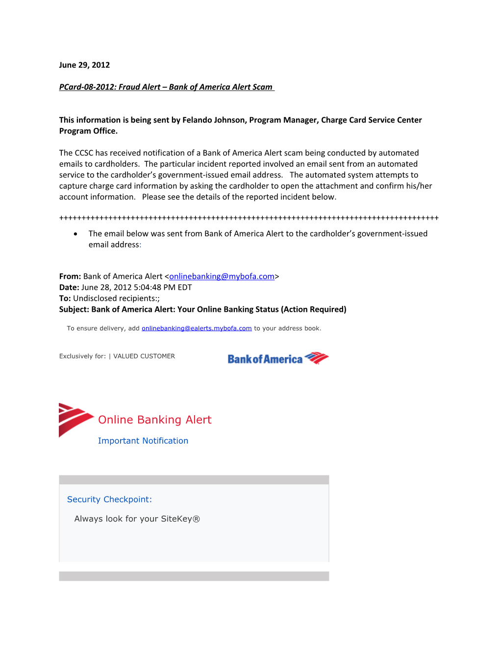 Pcard-08-2012: Fraud Alert Bank of America Alert Scam