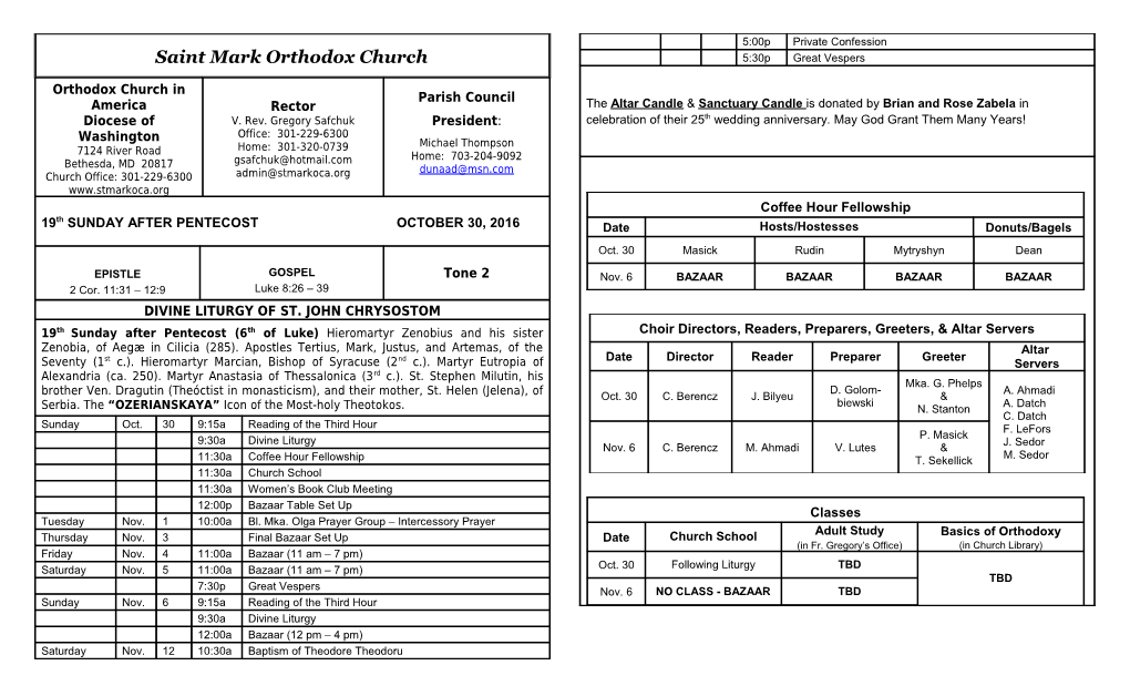 19Th SUNDAY AFTER PENTECOST OCTOBER 30, 2016