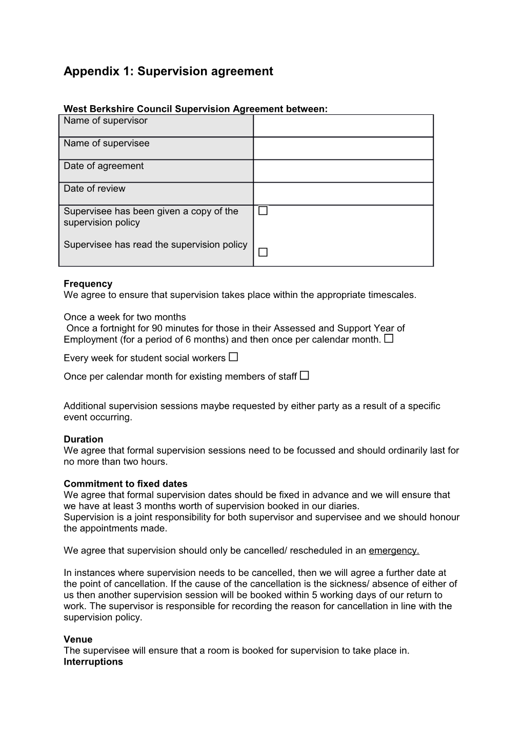 West Berkshire Council Supervision Agreement Between