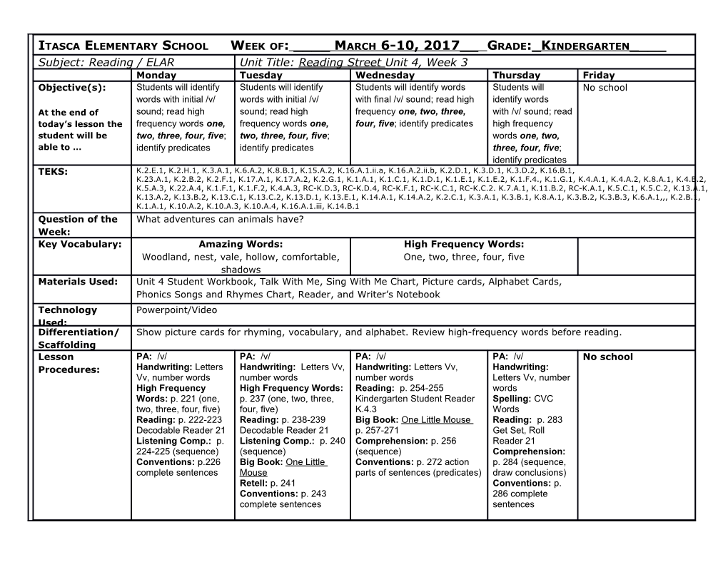 Itasca Elementary School Week Of: ____ March 6-10, 2017__ Grade: Kindergarten____