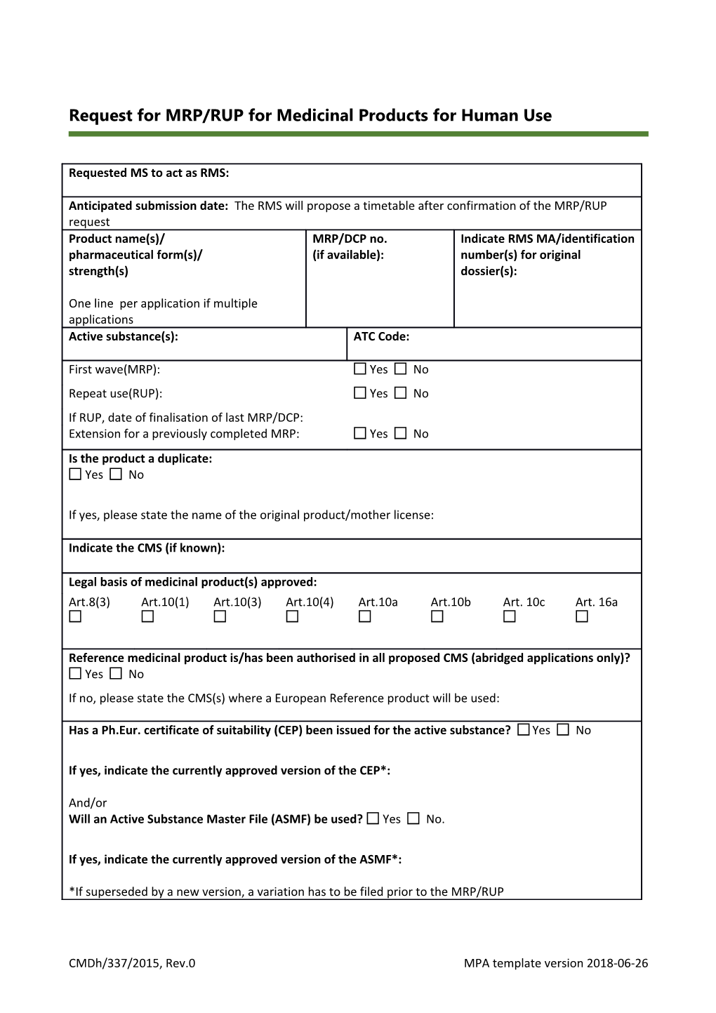 Request for MRP/RUP for Medicinal Products for Human Use