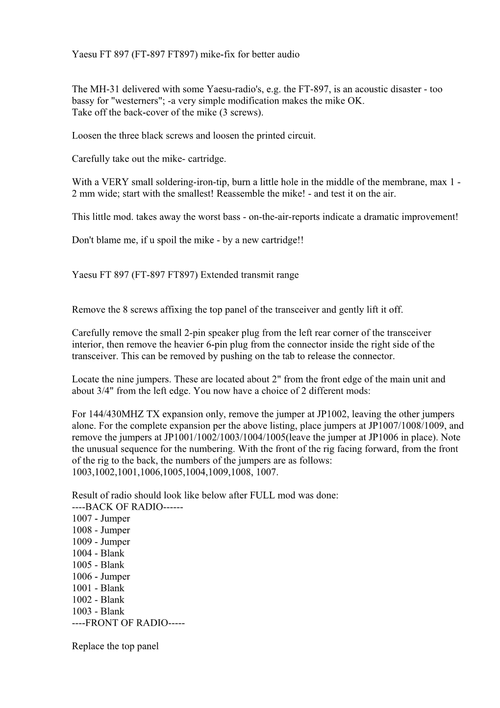 Yaesu FT 897 (FT-897 FT897) Mike-Fix for Better Audio