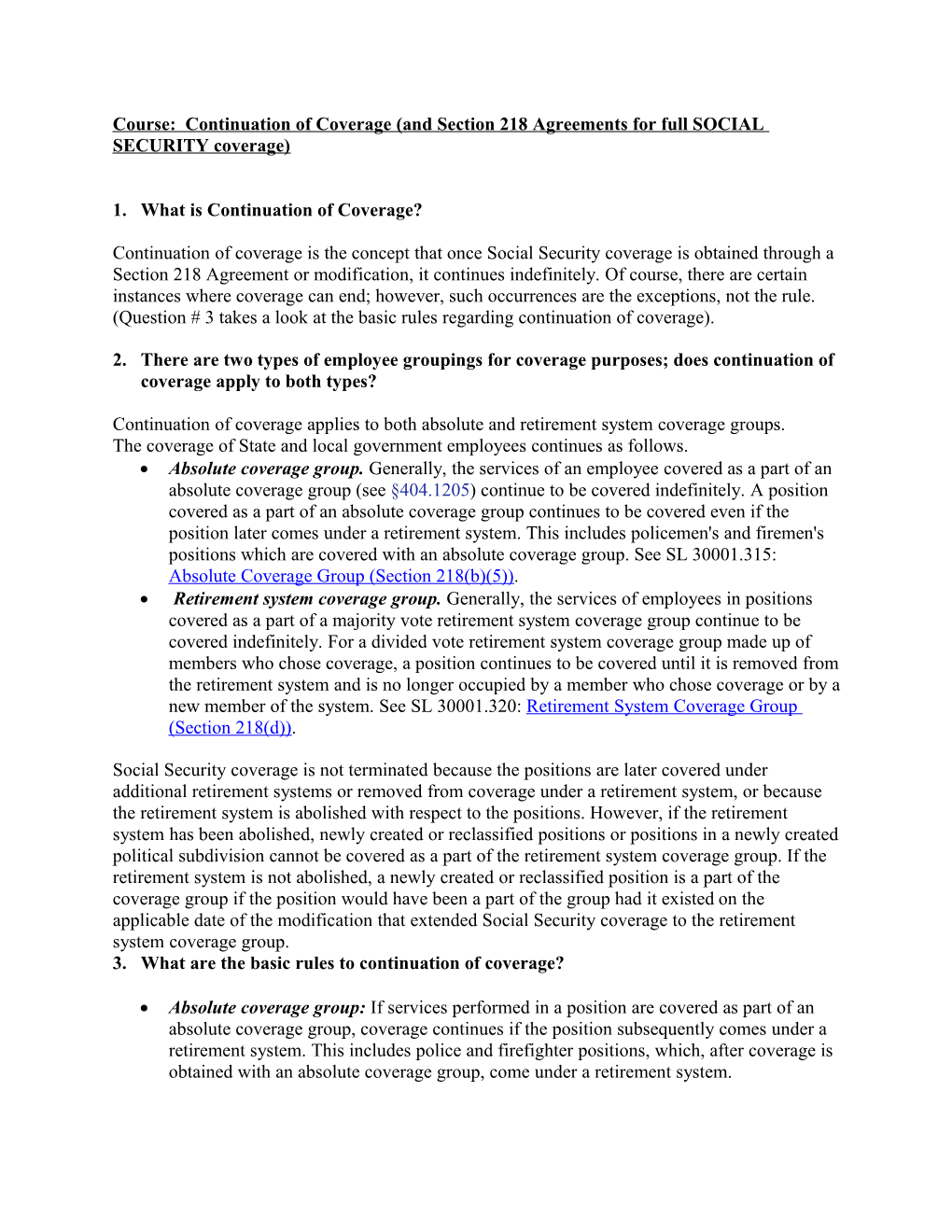 Course: Continuation of Coverage (And Section 218 Agreements for Full SOCIAL SECURITY