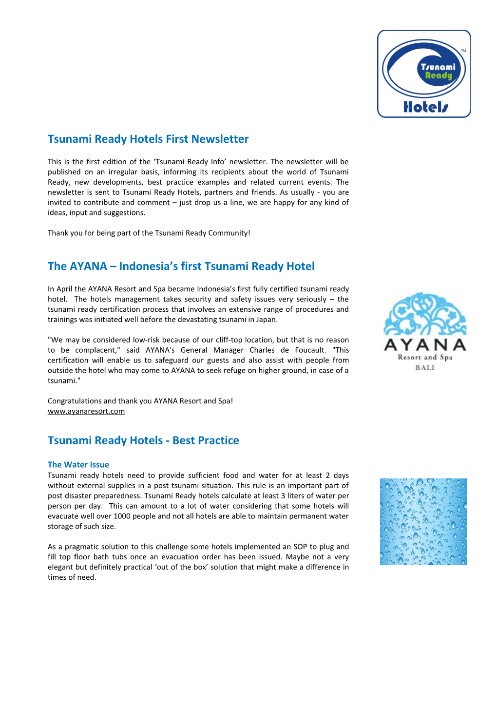Tsunami Ready Hotels First Newsletter