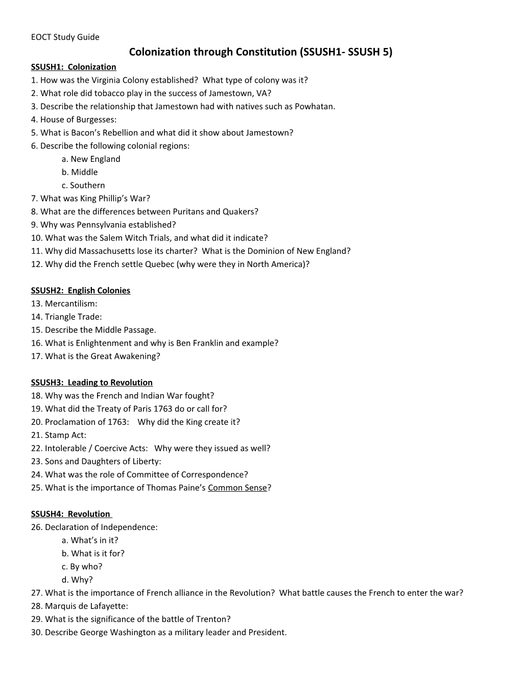 Colonization Through Constitution (SSUSH1- SSUSH 5)