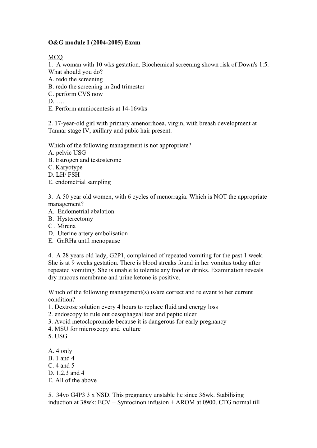 O&G Module I (2004-2005) Exam