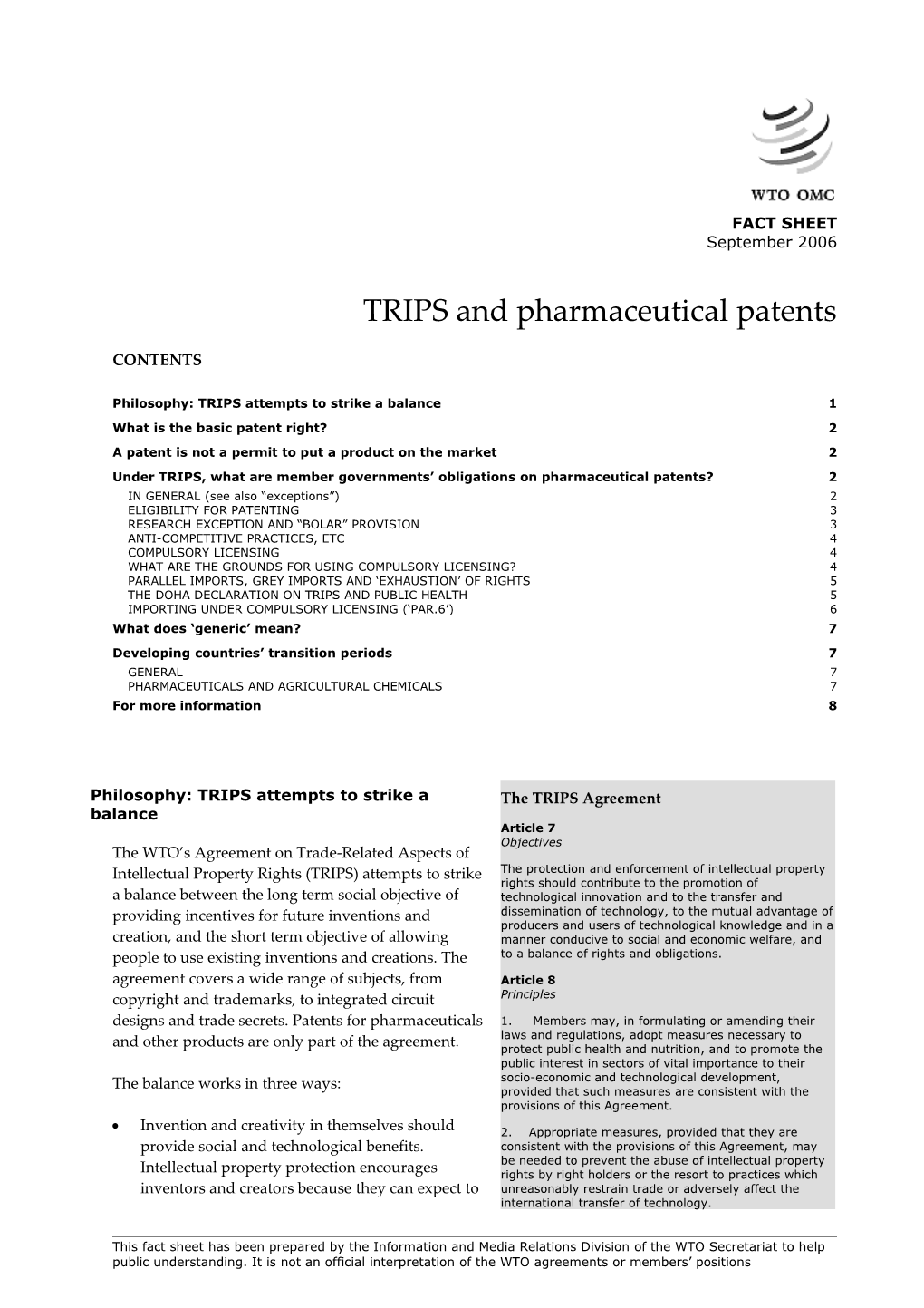 TRIPS and Pharmaceutical Patents