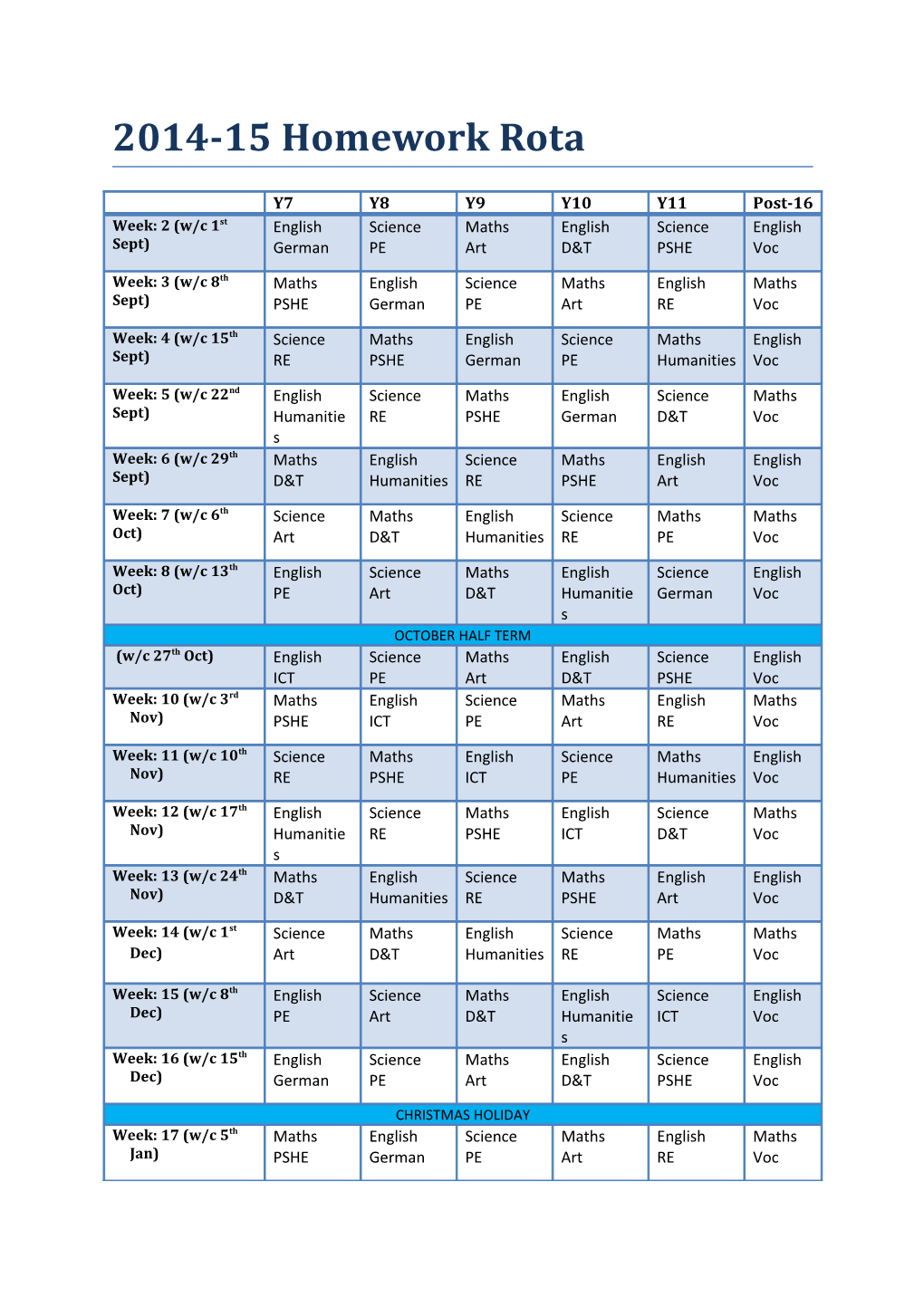 2014-15 Homework Rota