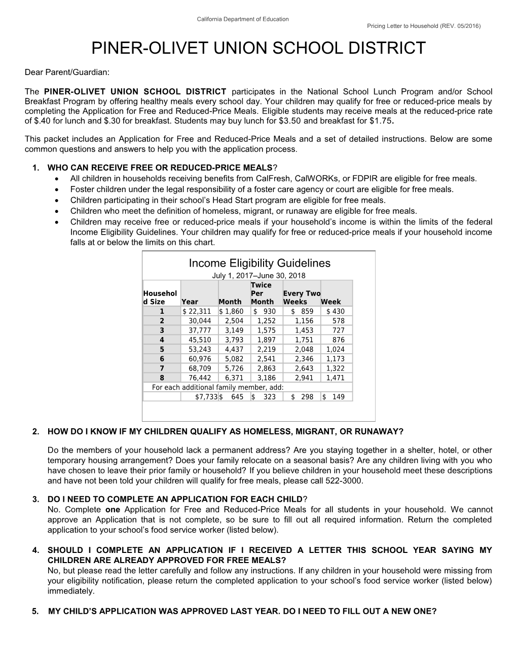 Pricing Letter - School Nutrition (CA Dept of Education)