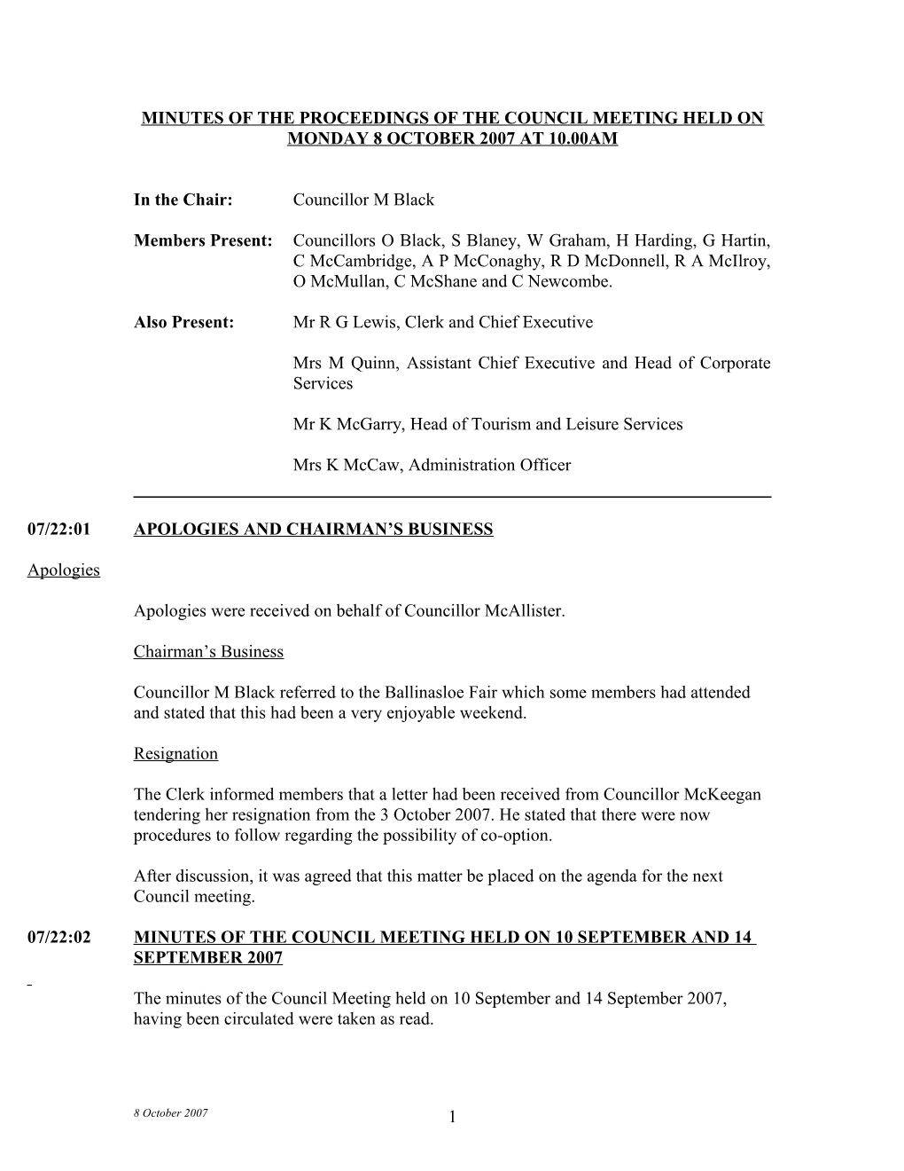 Minutes of the Proceedings of the Council Meeting Held on Monday 8 October 2007 at 10
