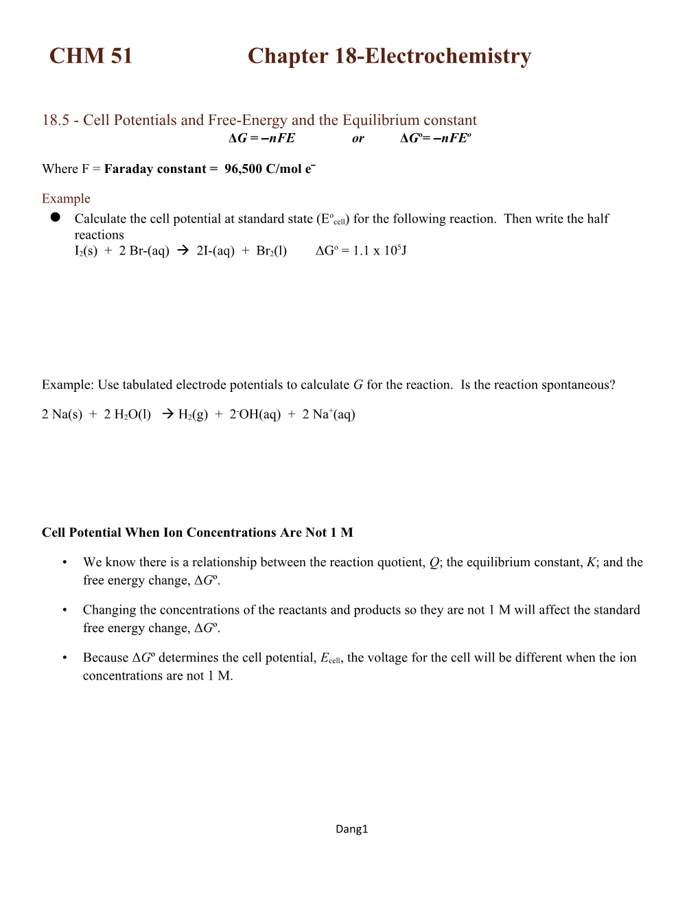 18.5 - Cell Potentials and Free-Energy and the Equilibrium Constant