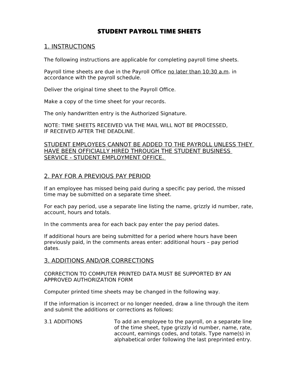 Student Payroll Time Sheets