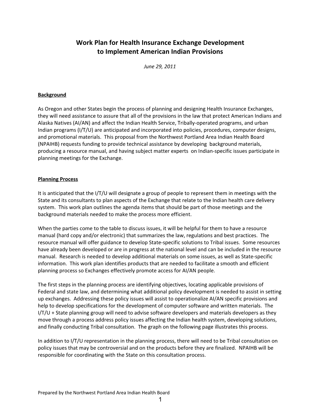 Work Plan for Health Insurance Exchange Development to Implement American Indian Provisions