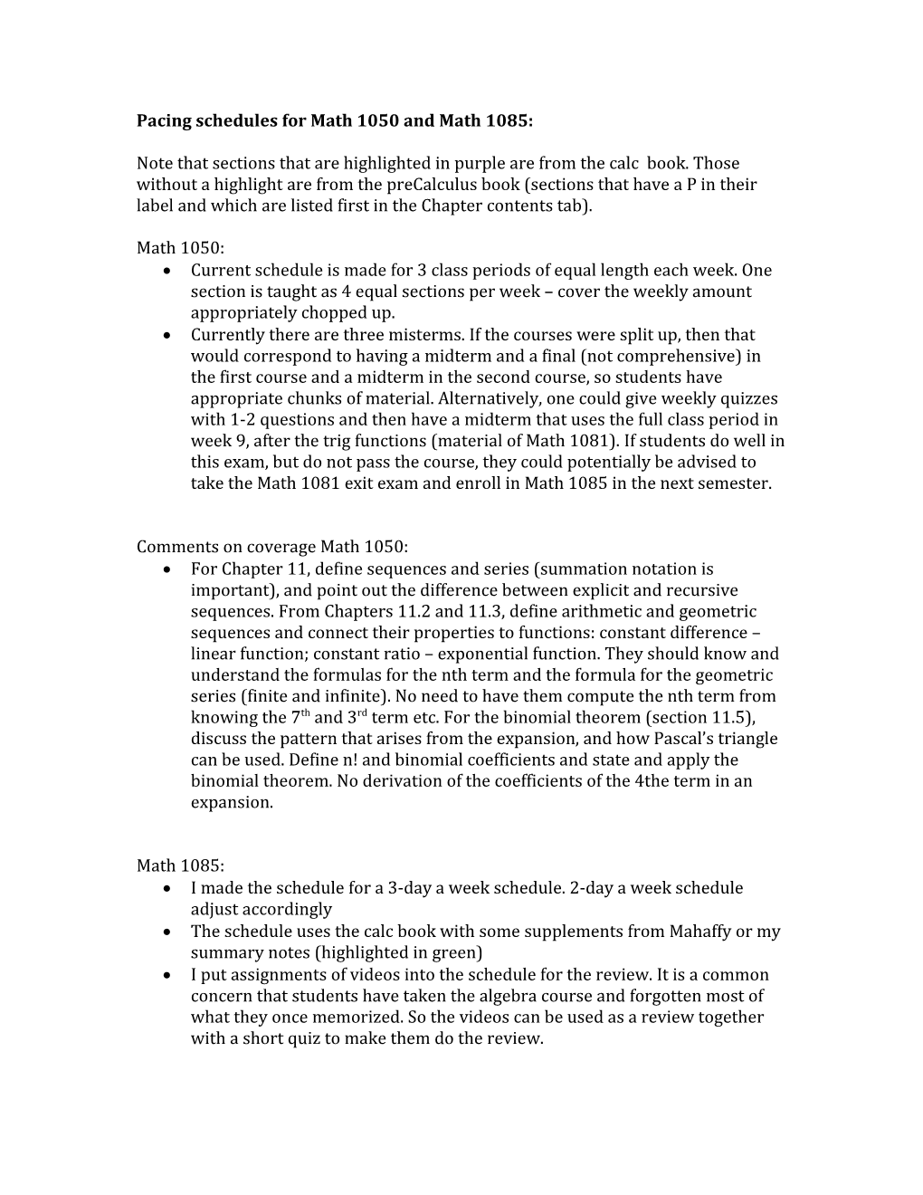 Pacing Schedules for Math 1050 and Math 1085