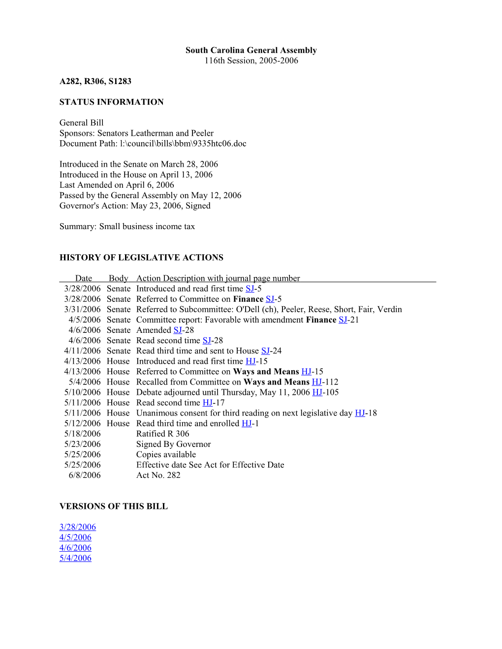 2005-2006 Bill 1283: Small Business Income Tax - South Carolina Legislature Online