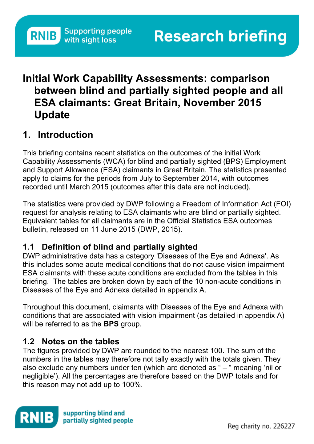 DWP Statistics Relating to Blind and Partially Sighted People of Working Age