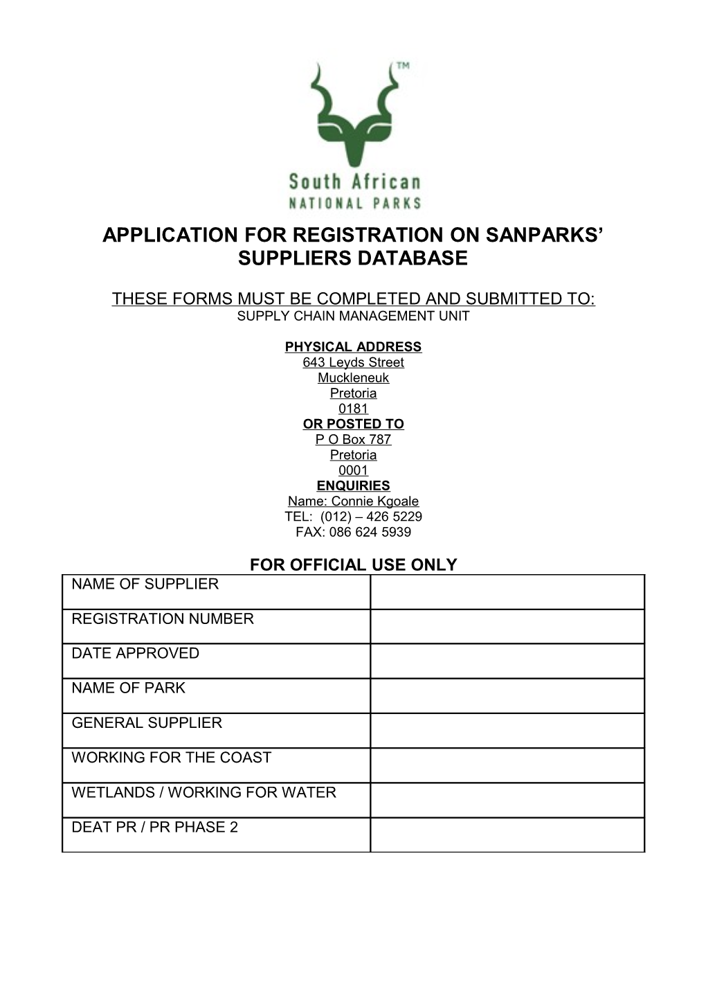 Application for Registration on Sanparks Suppliers Database