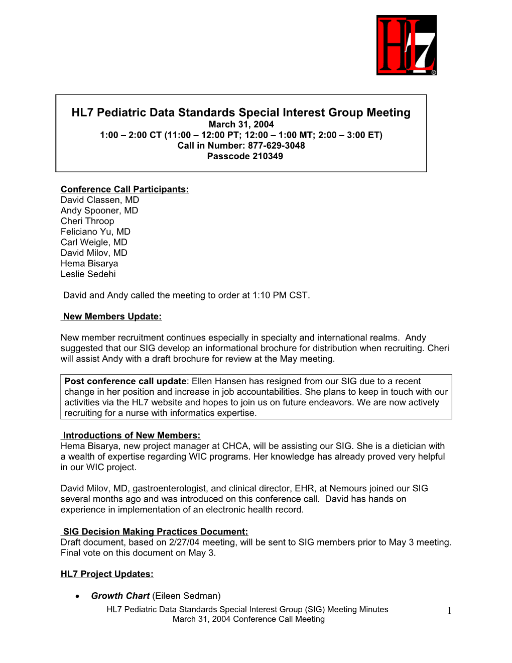 HL7 Pediatric Data Standards Special Interest Group Meeting