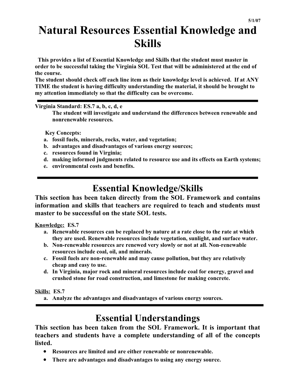 Earth Science Essential Knowledge and Skills