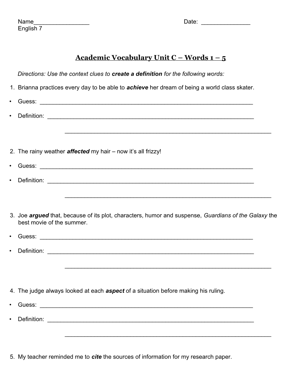 Academic Vocabulary Unit C Words 1 5