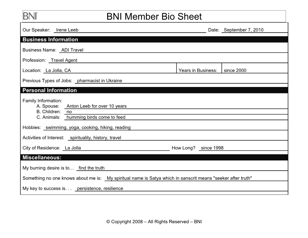 BNI Gains Worksheet