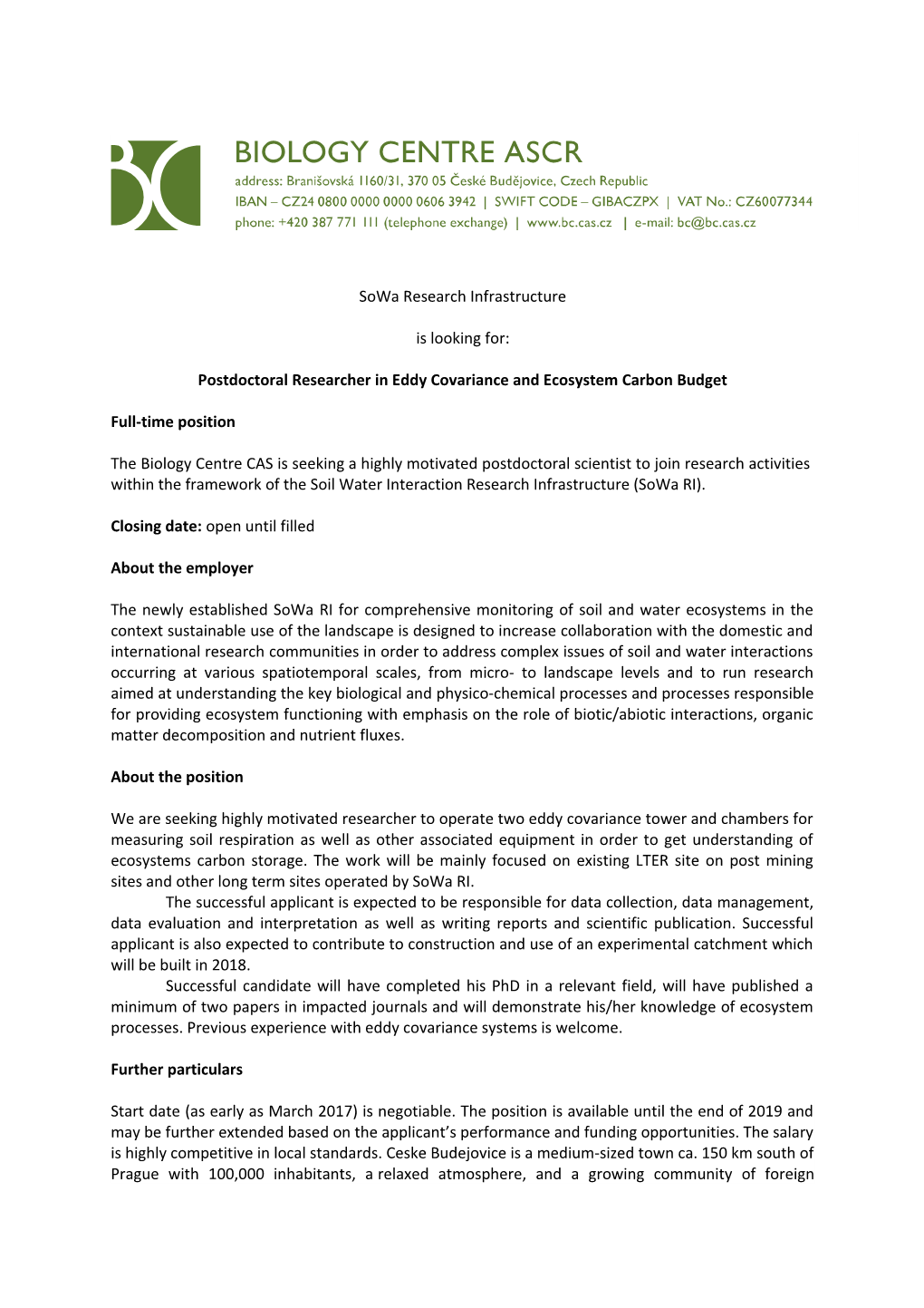 Postdoctoral Researcher in Eddy Covariance and Ecosystem Carbonbudget