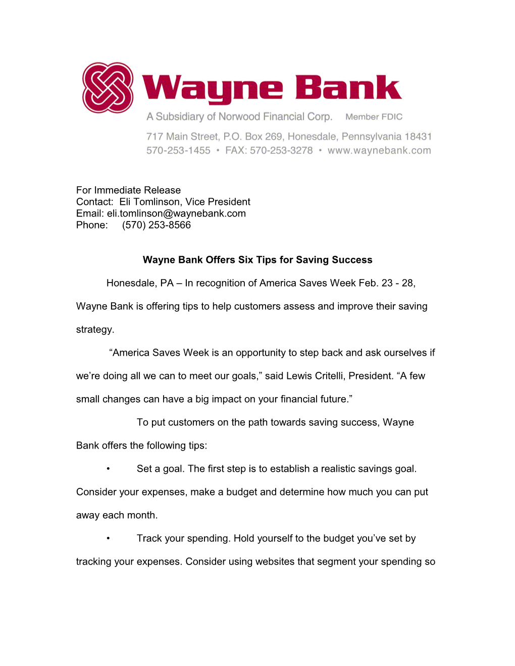 Wayne Bank Offers Six Tips for Saving Success