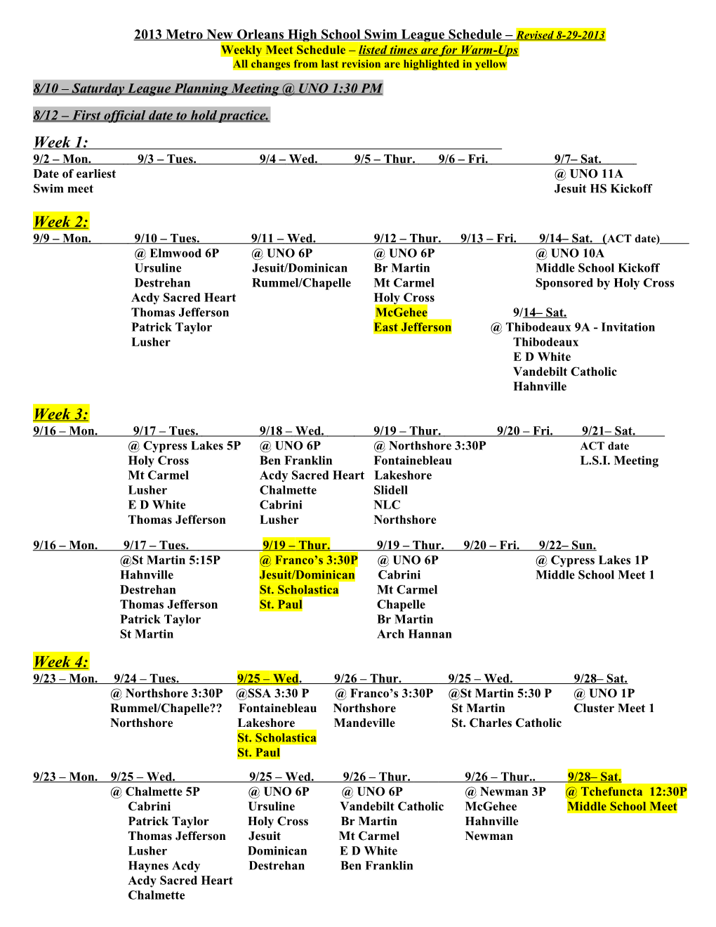 2002 Metro New Orleans High School Swim League Schedule