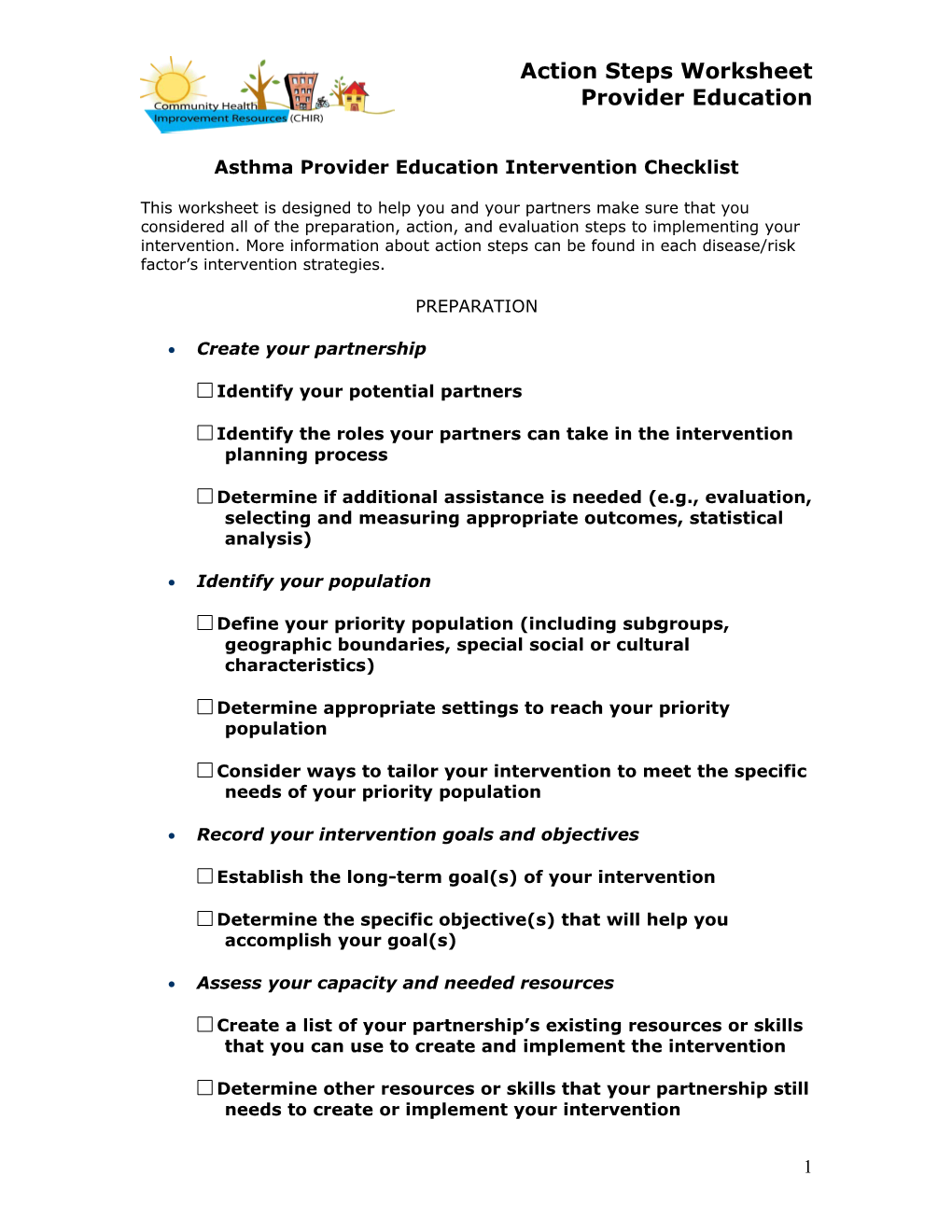 Asthma Provider Education Intervention Checklist