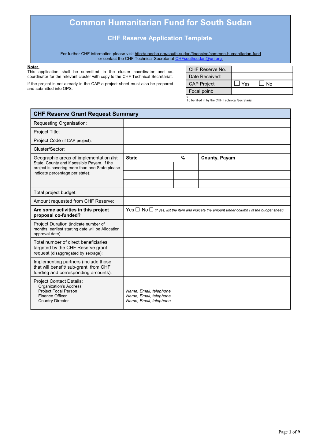 CHF South Sudan Emergency Reserve Application Template