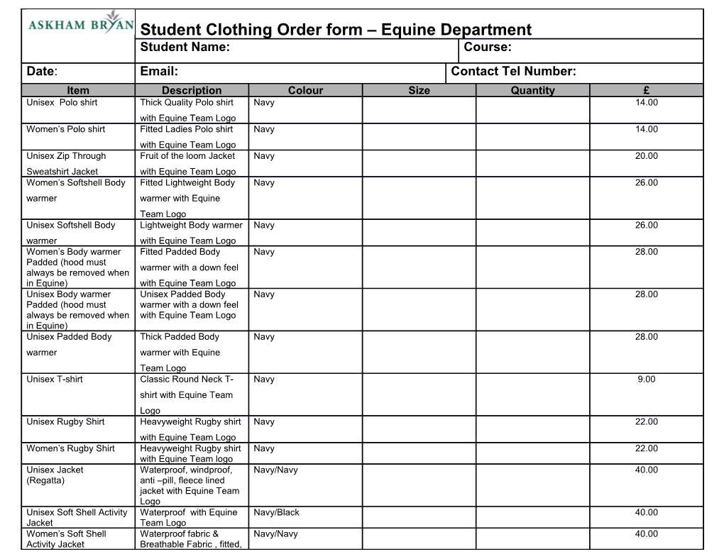 Order Form Askham Bryan College Equine