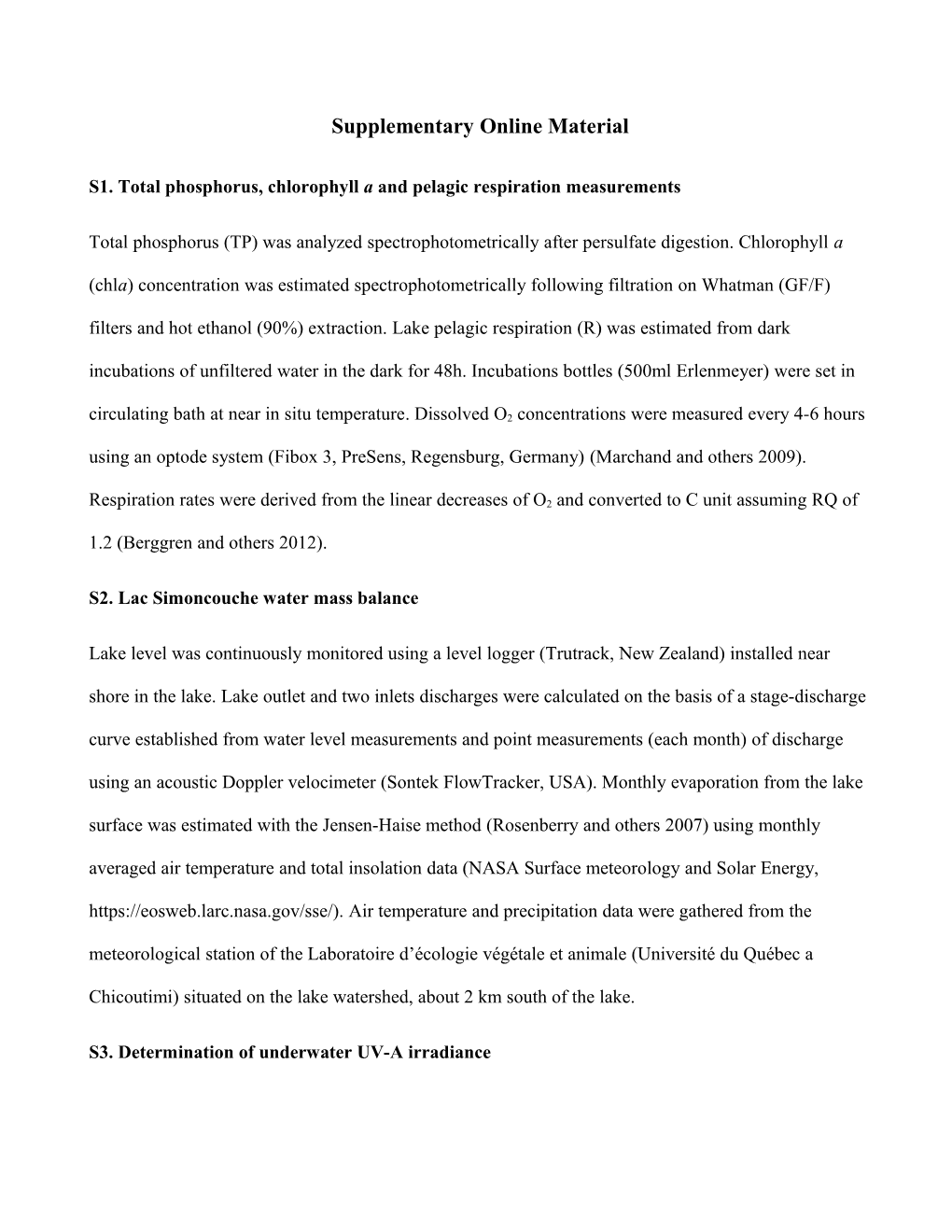 S1. Total Phosphorus, Chlorophyll Aand Pelagic Respiration Measurements