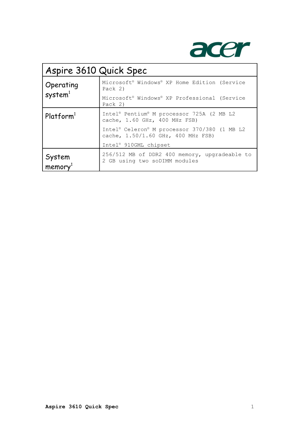 Aspire 3610 Quick Spec