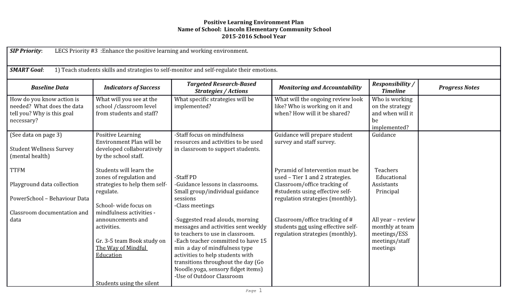 Positive Learning Environment Plan