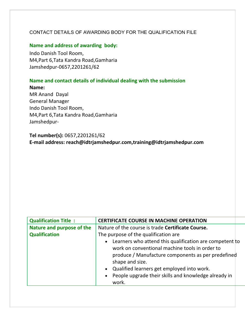 Certificate Course in Machine Operation (CCMO)