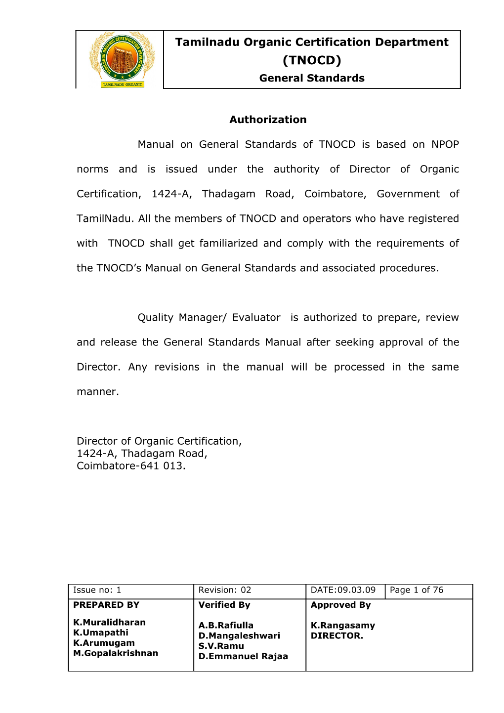 Manual on General Standards of TNOCD Is Based on NPOP Norms and Is Issued Under the Authority