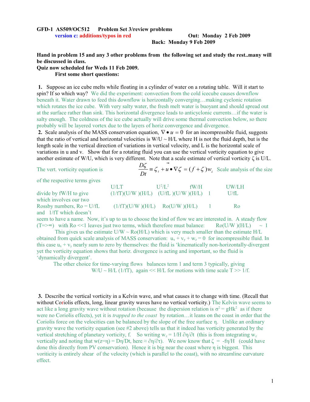 GFD-1 AS509/OC512 Problem Set 3/Review Problems