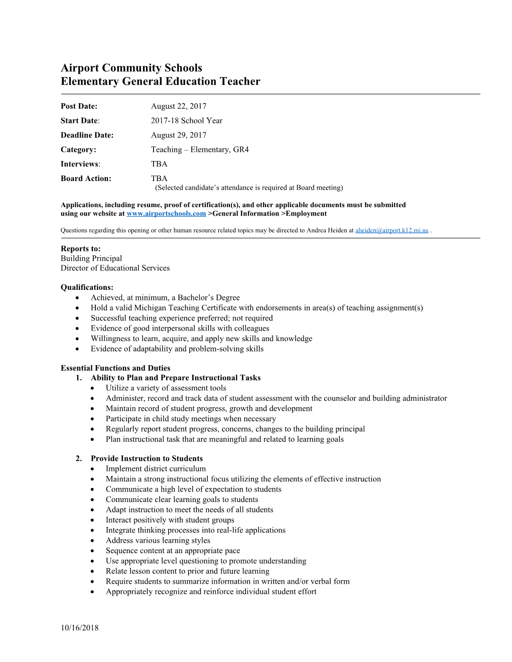 Airport Community Schools Job Description