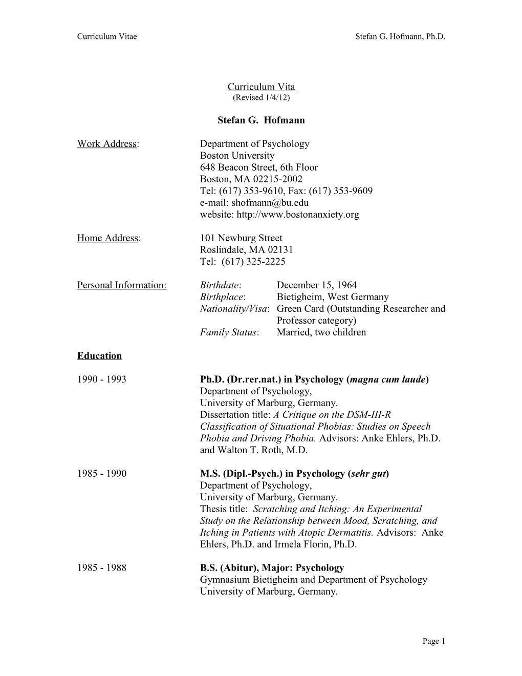 Curriculum Vitae Stefan G. Hofmann, Ph.D