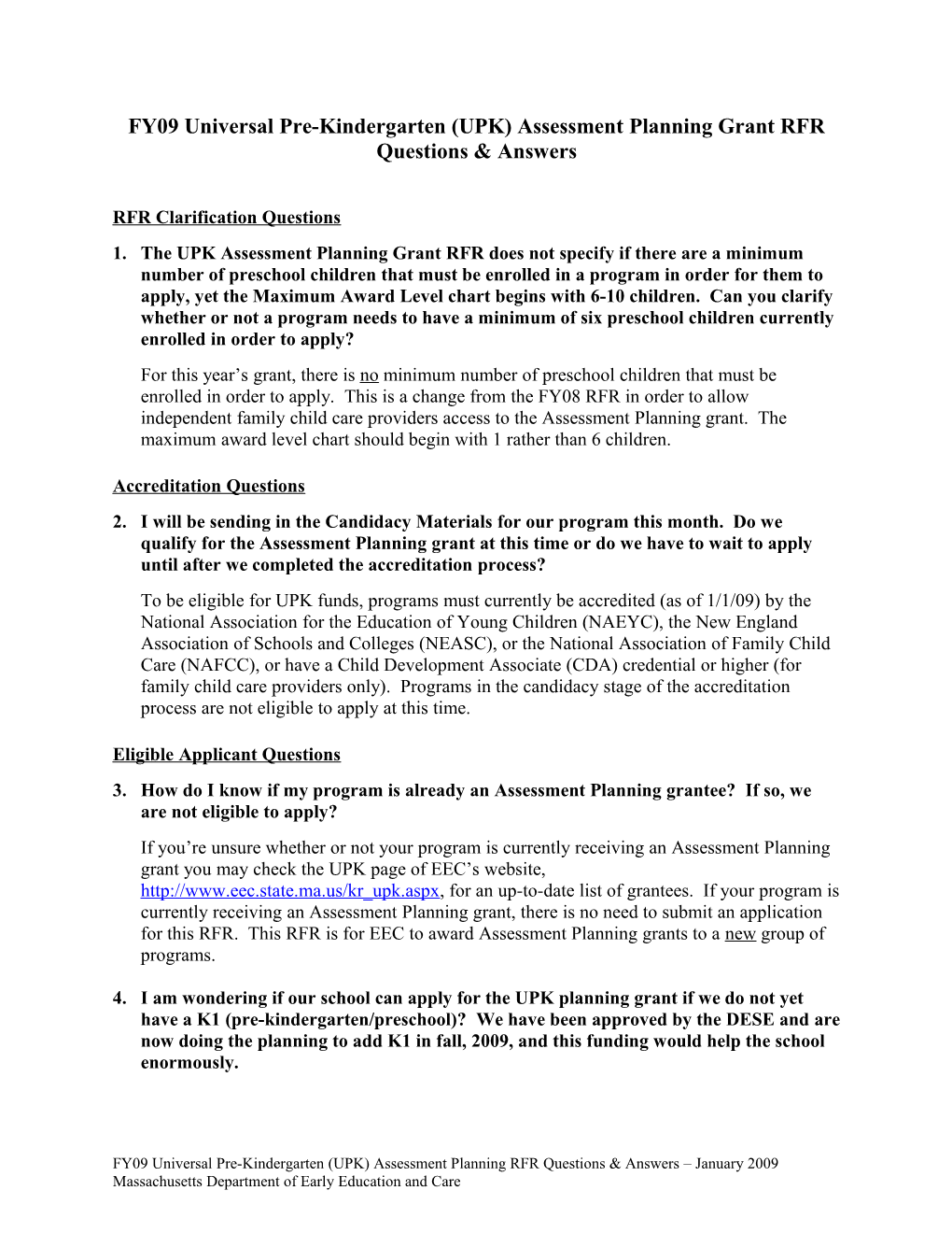 FY09 Universal Pre-Kindergarten (UPK) Assessment Planning Grant RFR
