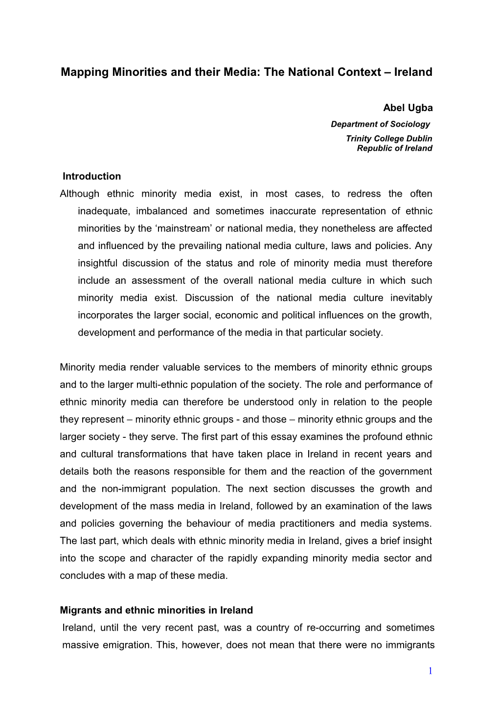 Mapping Minorities and Their Media: the National Context Ireland