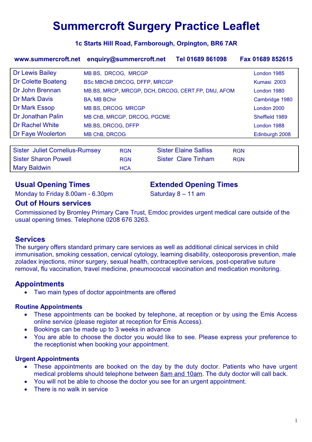 Summercroft Surgery Practice Leaflet