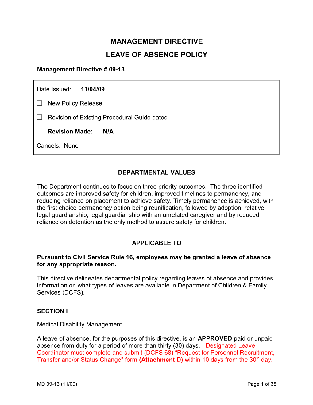 MD 09-13, Leave of Absence Policy