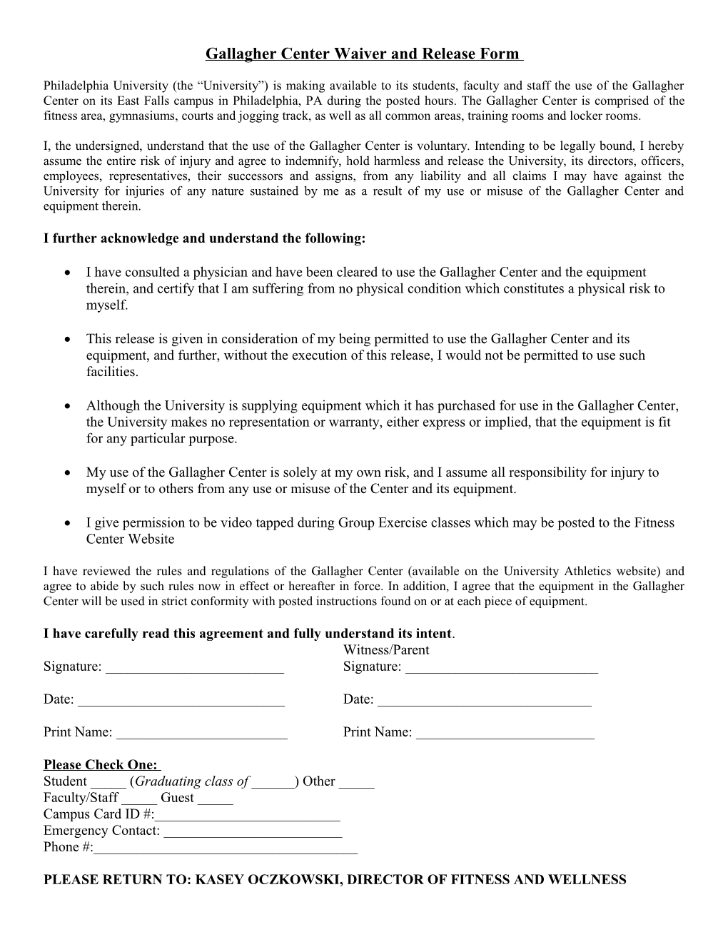 Gallagher Center Waiver and Release Form