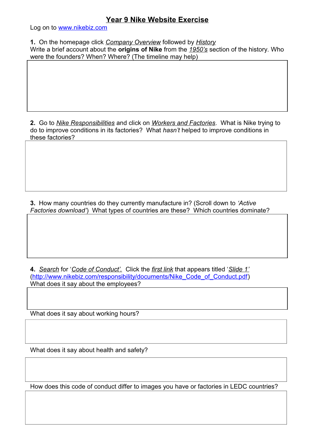 Year 9 Nike Website Exercise