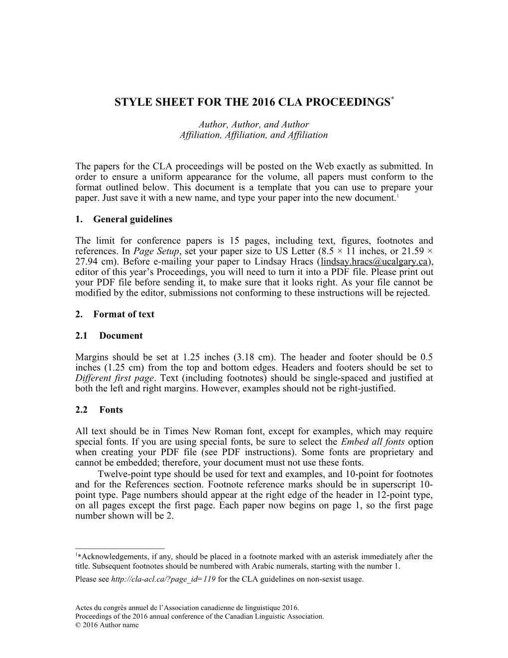 Style Sheet for the 2016 Cla Proceedings*