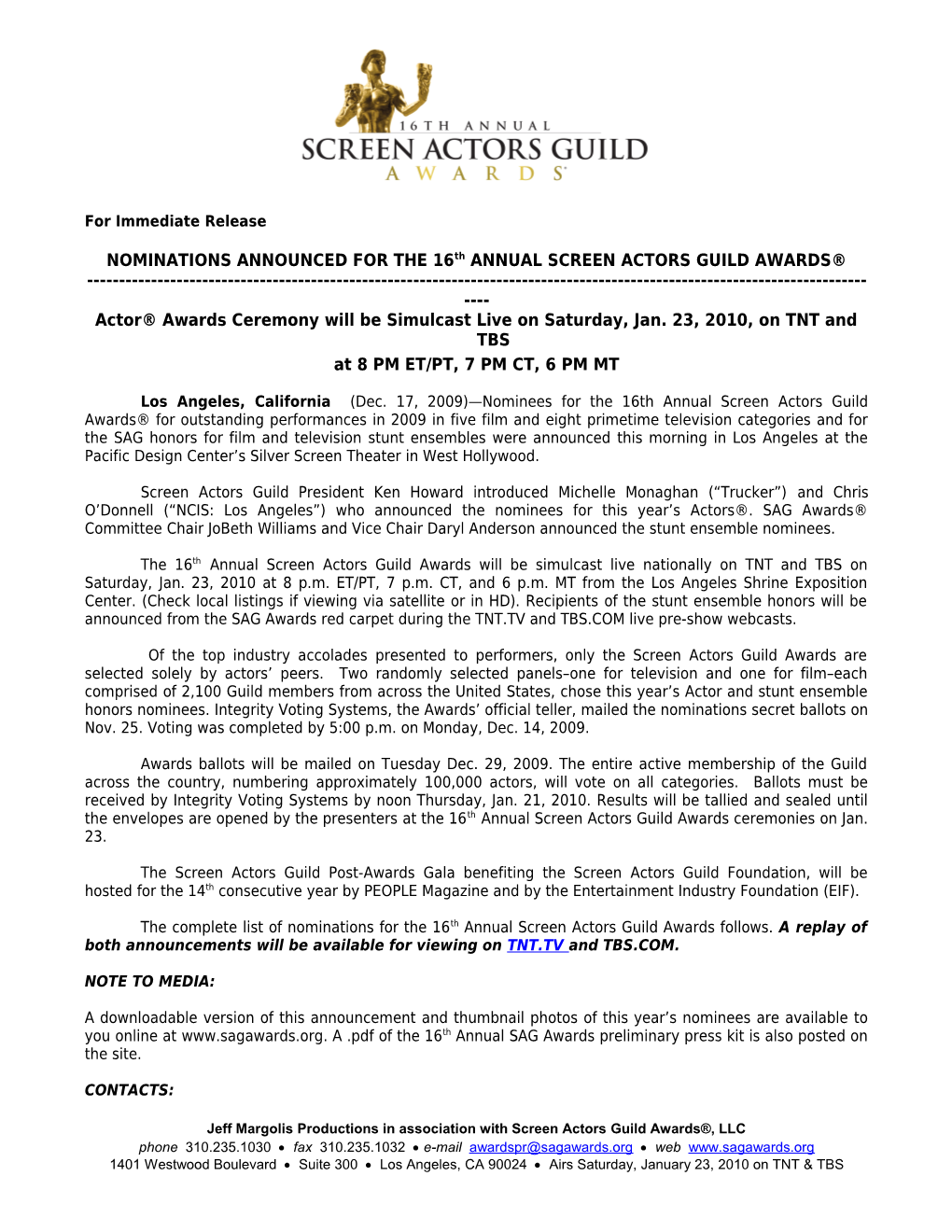 NOMINATIONS ANNOUNCED for the 16Th ANNUAL SCREEN ACTORS GUILD AWARDS