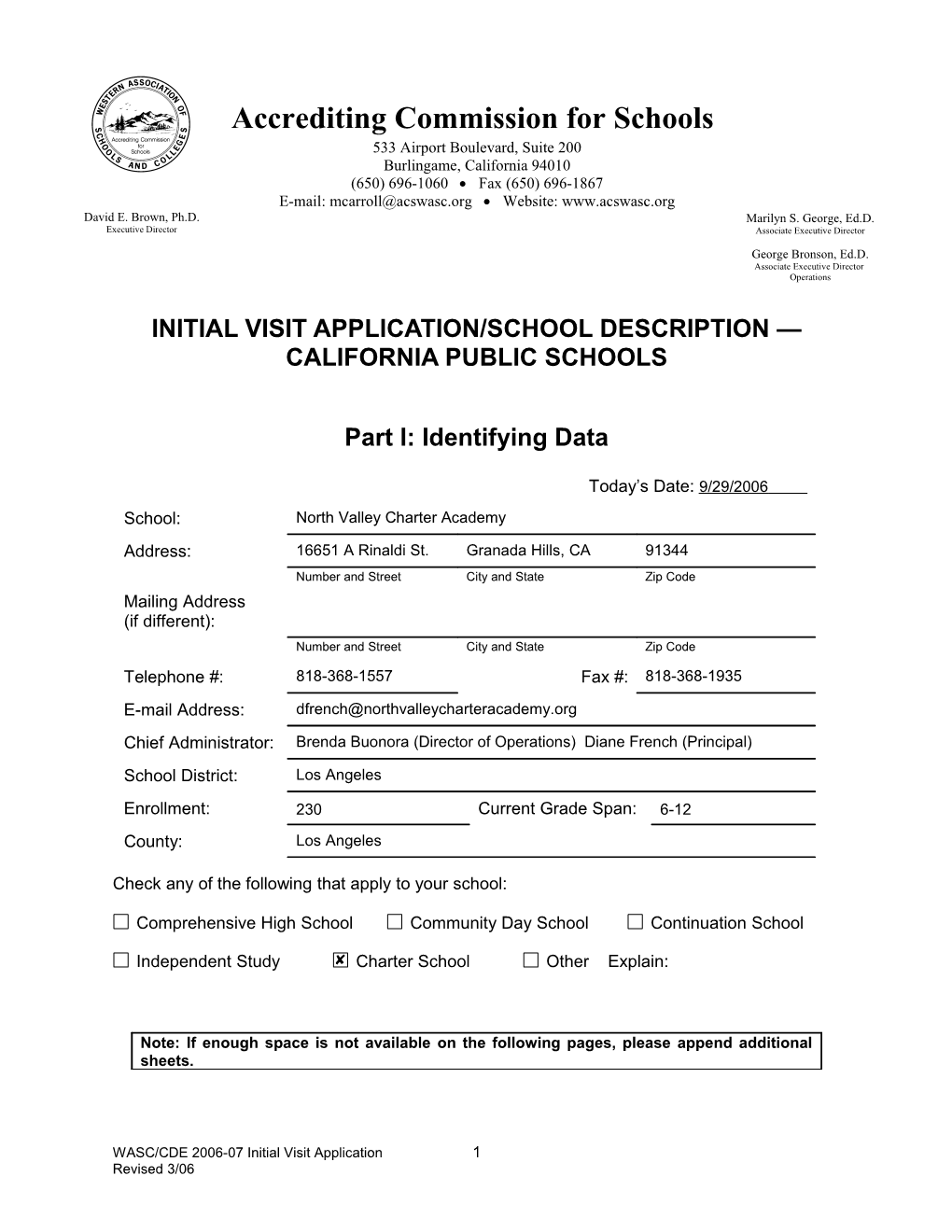 WASC Initial Visit Application/School Description California Public Schools