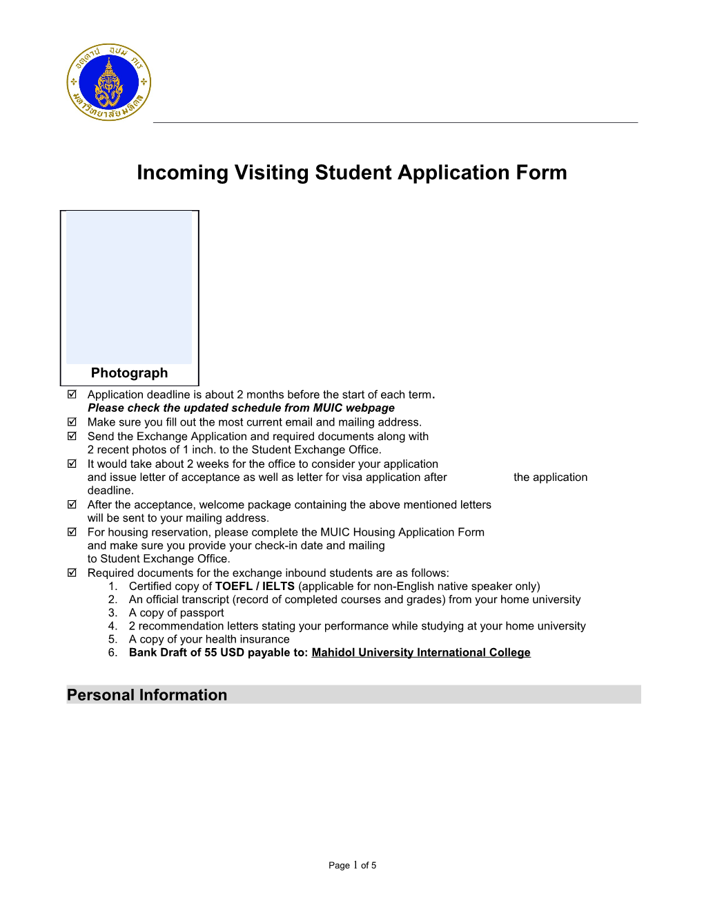 Incoming Exchange Student Application Form