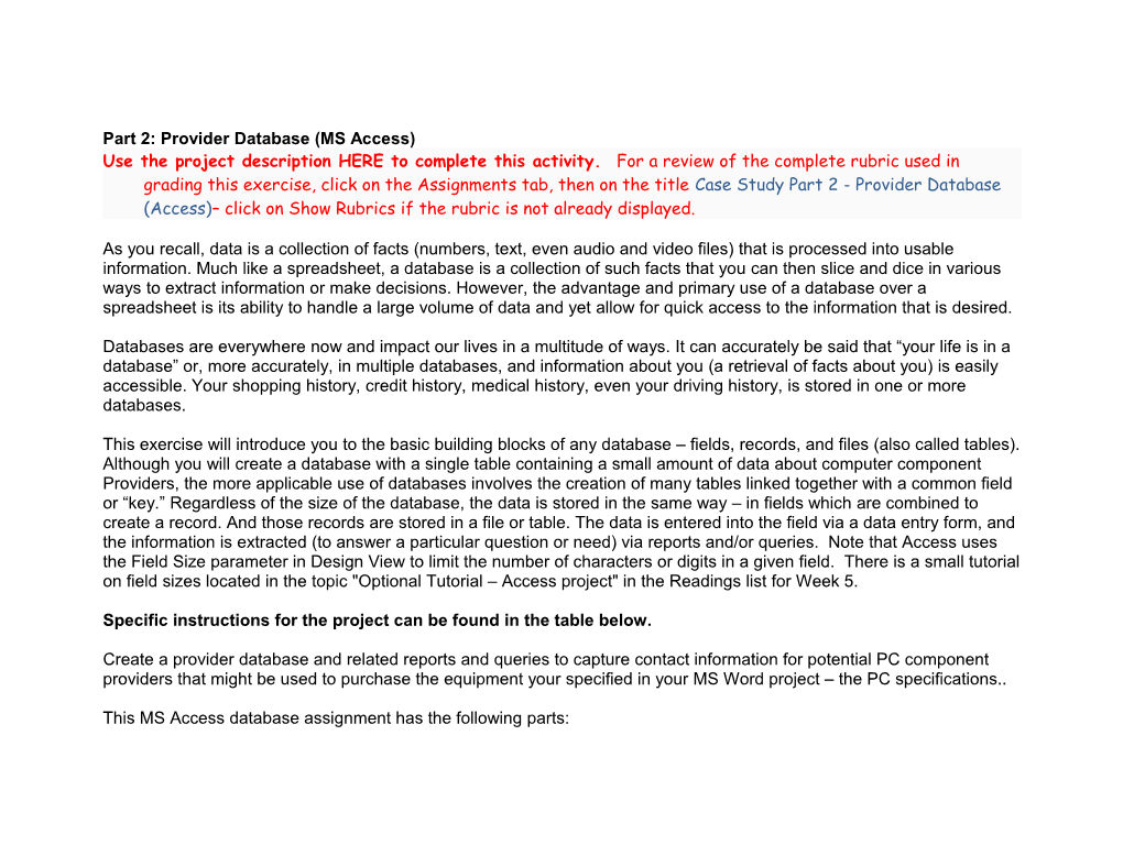 Part 2:Provider Database (MS Access)